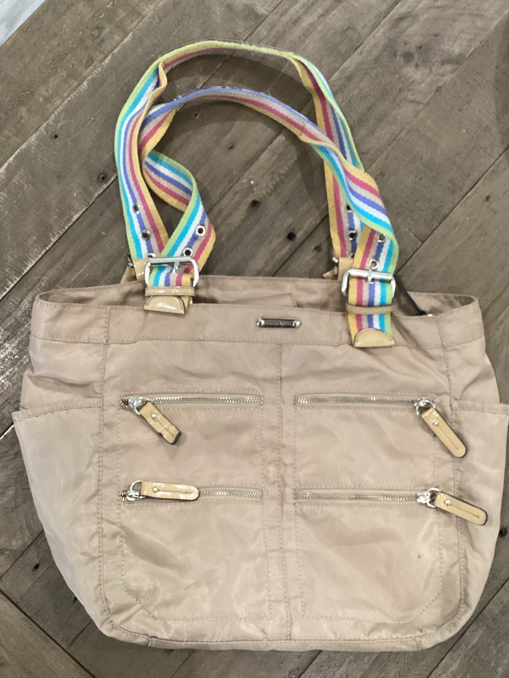 Franco Sarto Beige Tote with Rainbow Stripe Handles